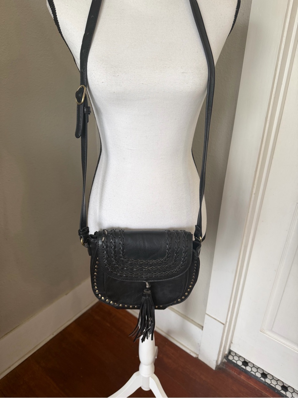 Antik Kraft Black Braided Leather Crossbody with Tassel
